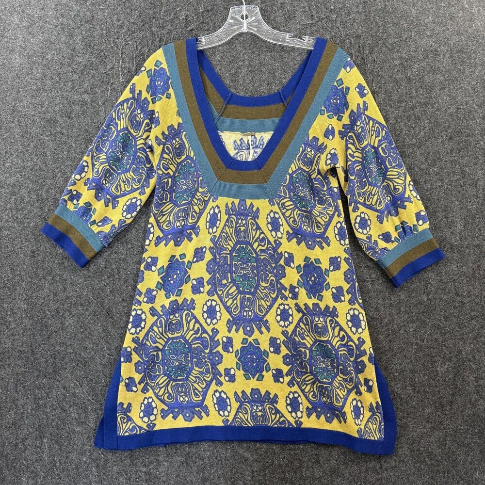 Free People Sweater Tunic Women's Medium Yellow Blue Geometric 3/4 Sleeve Boho